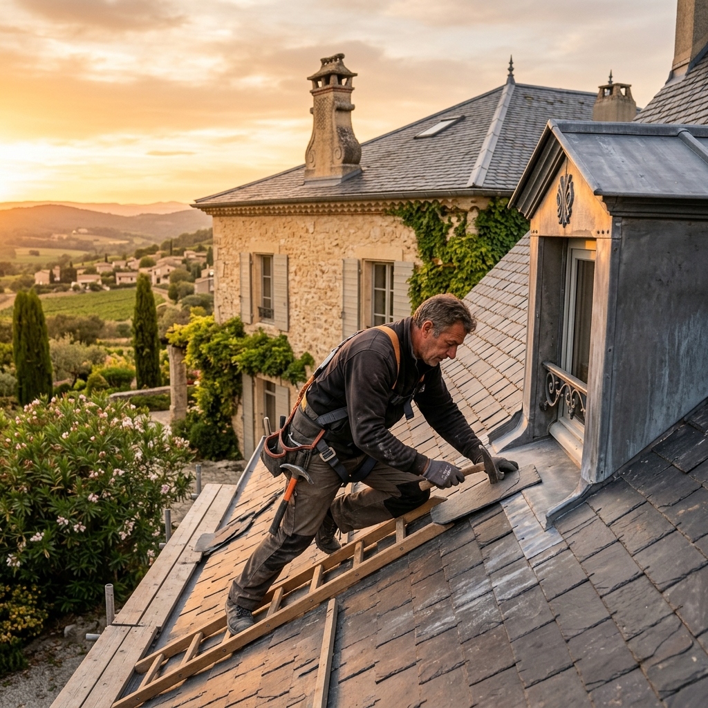 Artisan couvreur en plein travail de couverture